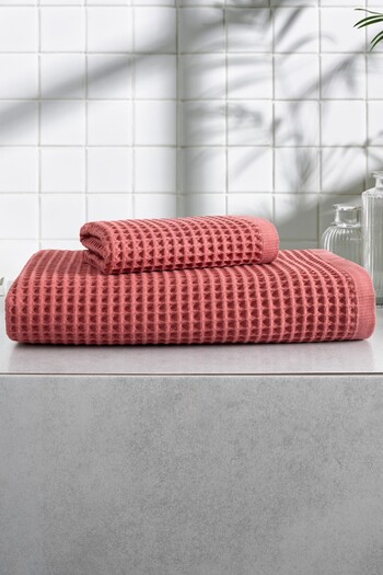 Sevim Waffle Patterned Set of 2 Bath Towels - Soft and High Water Absorbent 100% Cotton & Honeycomb - Brick Color