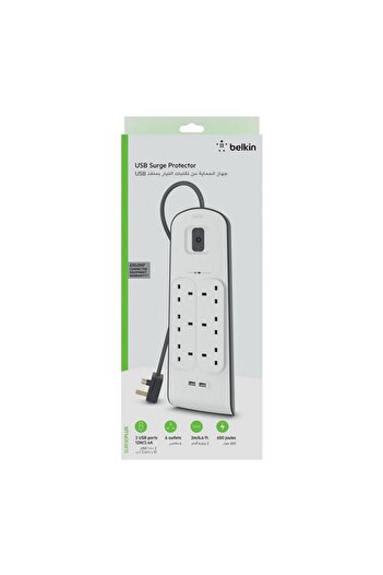 Belkin 2 USB Portlu 6 Yollu Aşırı Gerilim Koruma Şeridi 2m