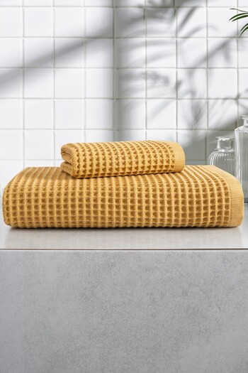 Sevim Seersucker Bath Towel Set of 2 - Soft & High Water Absorb Waffle Woven & Honeycomb Mustard