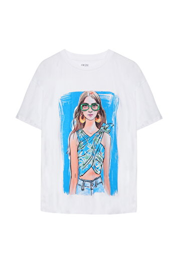Quzu White Color Printed Short Sleeve T-Shirt