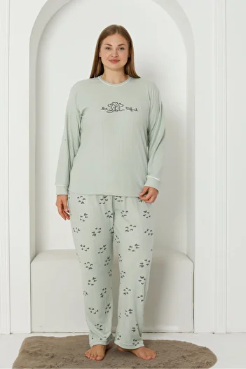 Wordex Fwn 3201 Interlock Hearts Embroidered Winter Plus Size Women's Pajamas Set