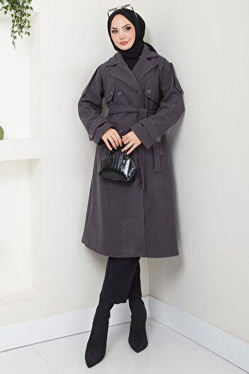 hafsamina Smoked Stamp Coat - Double Breasted Collar with Buttons and Belted Hm2603