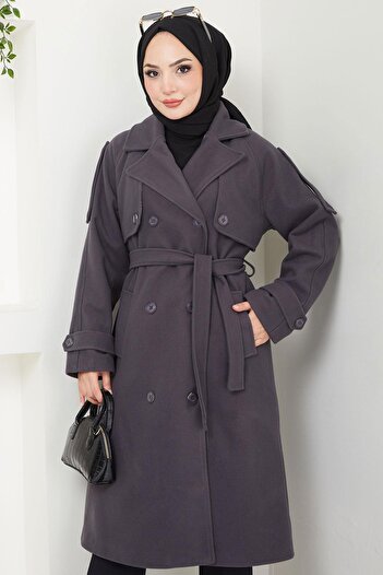 hafsamina Smoked Stamp Coat - Double Breasted Collar with Buttons and Belted Hm2603