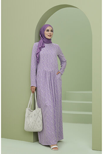 sefamerve Gathered Waist Pocket Dress 3304-06 Lilac