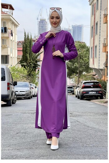 sefamerve Hijab Suit with Slit Detail 0327-07 Lilac