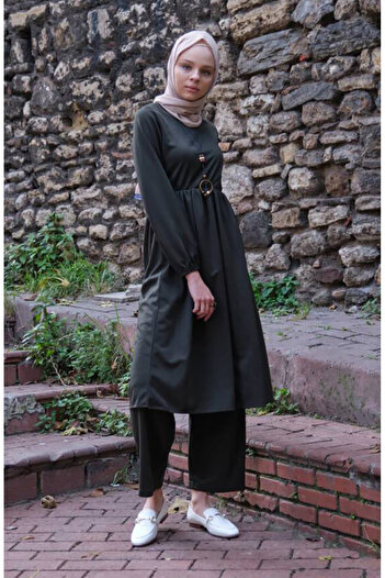 sefamerve Khaki Colored Necklace Tunic and Trousers Set - 0583-07