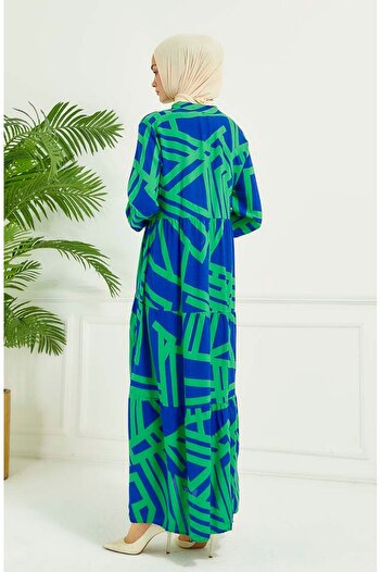 sefamerve Blue Green Geometric Patterned Dress - 4106-03