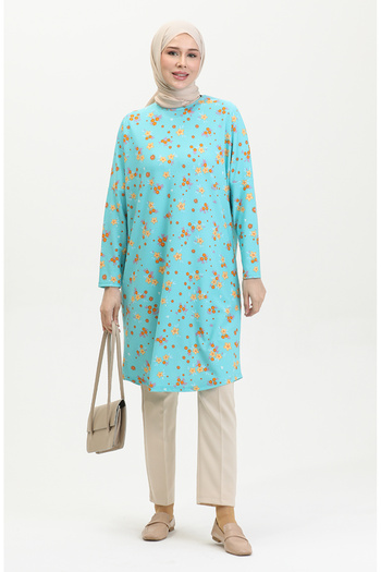 sefamerve Mint Blue Floral Patterned Comfortable Crepe Tunic - 8717-01