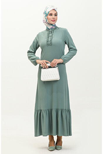 sefamerve Green Aerobin Fabric Ruffle Dress - 1006-05
