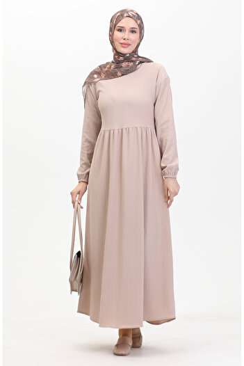 sefamerve Mink Colored Wrap Fabric - Drawstring Waist Dress 1016-05