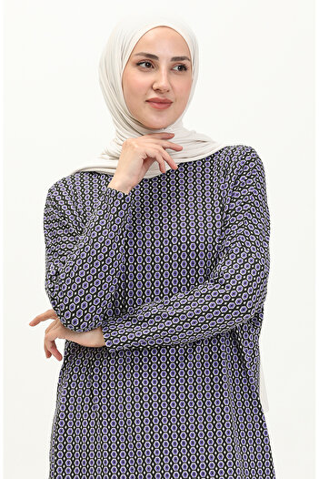 sefamerve Desenli Yarasa Kol Tunik 8601-01 Lacivert