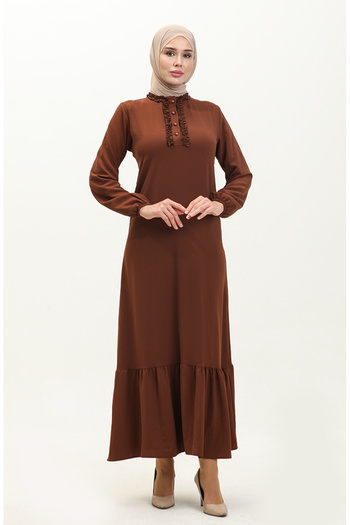 sefamerve Brown Dress with Aerobin Fabric and Ruffles 1006-02