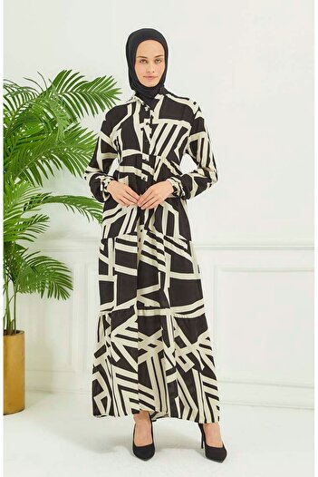 sefamerve Black Geometric Patterned Dress - 4106-04