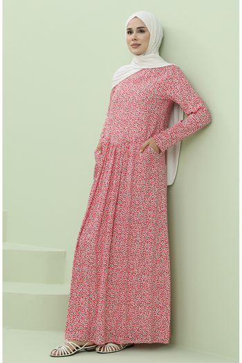 sefamerve Red Dress - Gathered Waist and Pocket 3304-08