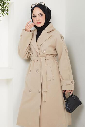 hafsamina Beige Stamp Coat - Double Breasted Collar with Buttons and Belted Hm2603