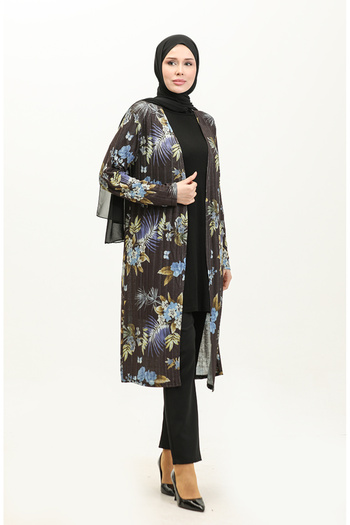 sefamerve Black Patterned Long Seasonal Cardigan - 8691-01