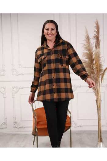 BİrHoşButik Plus Size Hooded Cotton Lumberjack Shirt - Elastic Sleeve and Buttoned Pocket