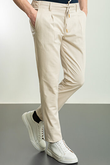 Mcr Striped Beige Super Slim Fit Pleated String Linen Men's Trousers