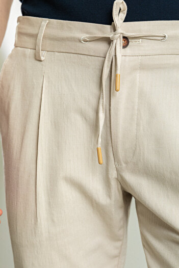 Mcr Striped Beige Super Slim Fit Pleated String Linen Men's Trousers