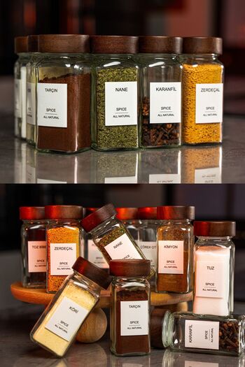 Meturas Glass Spice Jar Set with Acacia Lids, 12 Pieces (120 ml) - Air and Humidity Protection, Stylish and Storage Organization
