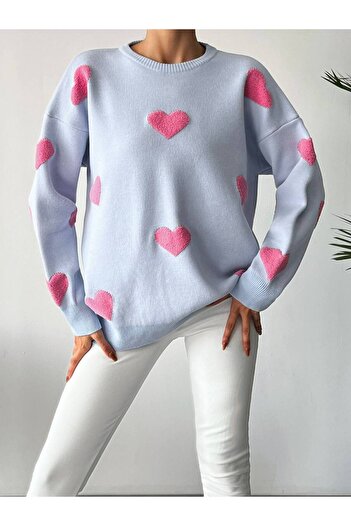 Pienk Women's Knitwear Sweater with Blue Pink Hearts