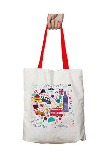 ART HEDİYE Τσάντα ώμου English London Big Washable με κόκκινη λαβή