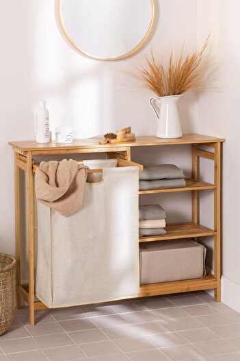Digithome Bathroom Organizer with Bamboo 3 Shelves 1 Compartment Dirty Basket Laundry Basket Organizer Db-0008