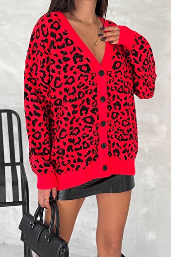 FEMELLE Women's Red Standard Size Leopard Pattern Oversize Knitwear Cardigan