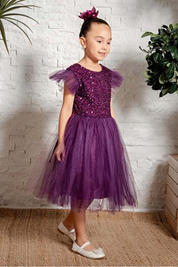 Mnk Baby&Kids Tüllü Kız Çocuk KPL Elbise MNK0526 MÜRDÜM