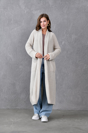 bayansepeti Double Pocket Stone Knitwear Shawl Collar Long Cardigan - 5001