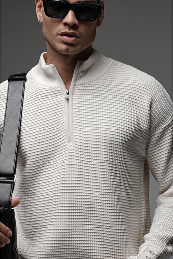king brich Half Collar Zippered Oversize Jacquard Knitwear Sweater