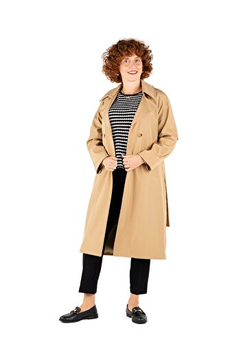 Portakal Esintisi Long Draped Sleeve Folded Double Breasted Women's Trench Coat