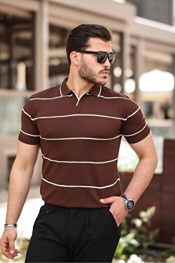 Miron Μπλουζάκι Polo Neck Καφέ ριγέ πλεκτό - 2427