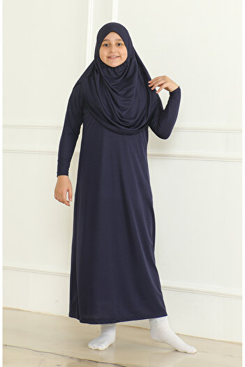 sefamerve One Piece Practical Children's Prayer Dress with Headscarf 1985-07 Navy Blue