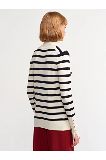 Dilvin 10432 Turtleneck Striped Durop Sweater-Cream-Black