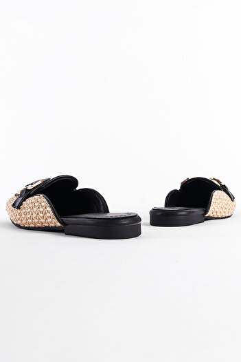 Capone Outfitters Women's Short Heeled Straw Buckle Genuine Leather Slippers