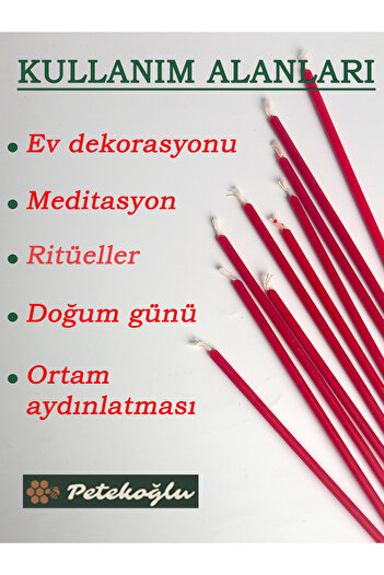 Petekoğlu 15 Adet Balmumu Mum Dilek Mumu Doğal Petek Ince Uzun Parti Nişan Düğün Ritüel Doğum Günü Mum Kırmızı