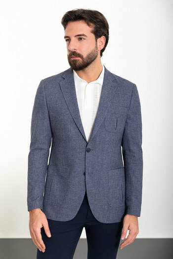 Mcr Смугастий темно-синій Slim Fit Сумка Кишеня Моно Комір Лляний Чоловічий Піджак