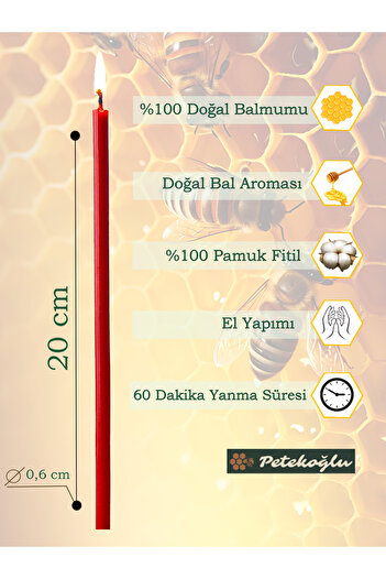 Petekoğlu 15 Adet Balmumu Mum Dilek Mumu Doğal Petek Ince Uzun Parti Nişan Düğün Ritüel Doğum Günü Mum Kırmızı