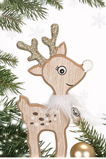 Sole Christmas Ornament Decorative Wooden Deer Figurine with Rattle - 15 cm