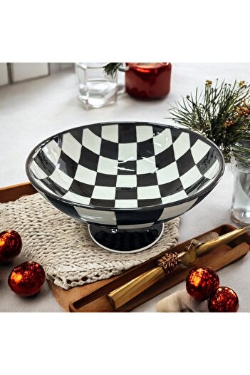 AYGEN HANDMADE DAMALI DESEN ÇİNİ SERVİS TABAĞI  BÜYÜK AYAKLI SERVİS SUNUMLUK
