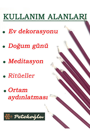 Petekoğlu (15 ADET BORDO) Balmumu Mum Dilek Mumu Doğal Petek Ince Uzun Parti Nişan Düğün Ritüel Doğum Günü Mum