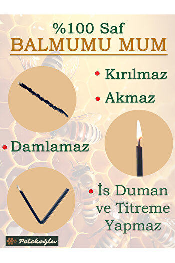 Petekoğlu (15 Adet Siyah) Balmumu Mum Dilek Mumu Doğal Petek Ince Uzun Parti Nişan Düğün Ritüel Pasta Mumu