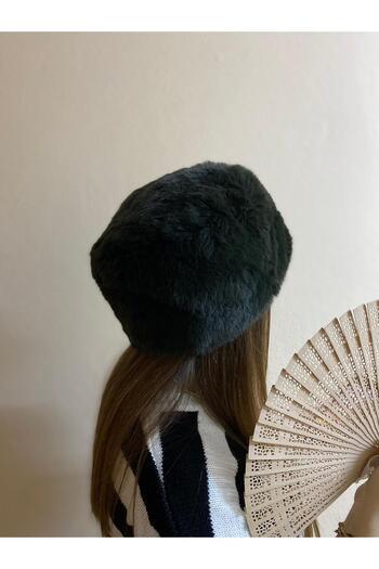 sema aksesuar Dark Green Furry Plush Heart Hat - Gift - Trend Winter Faux Fur Russian Heart Plush Hat