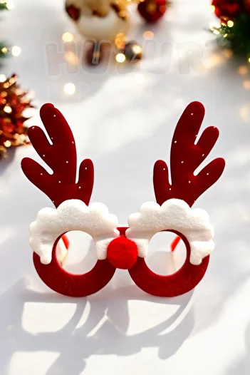 Huzur Party Store Christmas Goggles Red Deer Horn Nose Eyebrow Detailed Rhinestoned Plush New Year Glasses Accessory