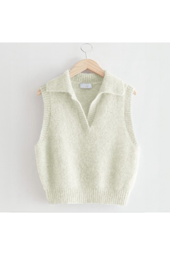 winter club Cream Polo Collar Ribbed Edged Sleeveless Silk Sweater - Ecru