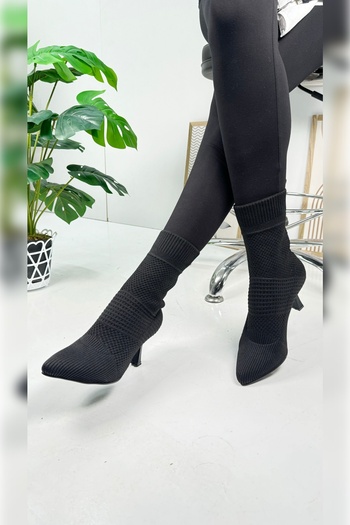 İmerShoes Günlük Kadın Bot Bootie Siyah Triko Ince Yüksek Topuk Streç Çorap Şeritli Sivri Burun Ayakkabı 169