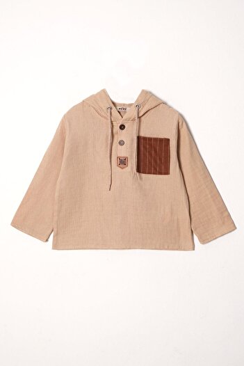 zepkids Hooded Collar Buttoned Muslin Pants Mink - Brown Boy's Suit