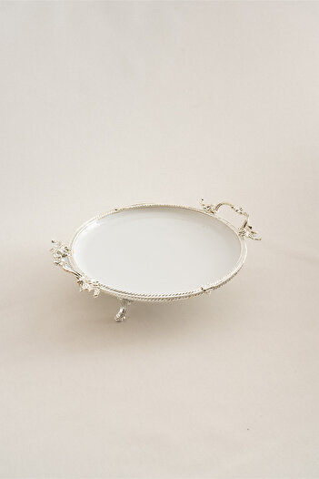 Nazik Home Sierra Silver Detailed Porcelain Presentation Holder with Handle Round (29 cm)