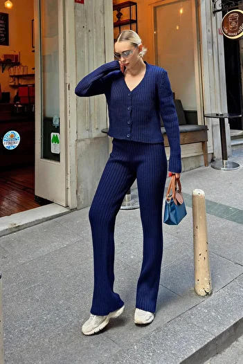 Swist Navy Blue Gio Button Detailed Blouse-Cardigan-Pants 3-Piece Women's Knitwear Set